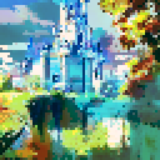 Majestic Disney castle nestled in lush greenery, framed by towering trees, with a shimmering moat and a bright blue sky in the background, rendered in a stunning landscape portrait style.