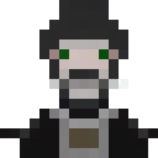 16-bit wizard with a gnarled staff, intense eyes, and a flowing beard, set against a moody, stark contrast, all in a minimalist, monochrome pixel art style.