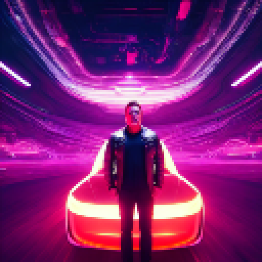 Futuristic, neon-lit, cyberpunk-style portrait of tech mogul Elon Musk featuring a reflective visor, circuit board patterns, and a hovering Tesla Roadster.