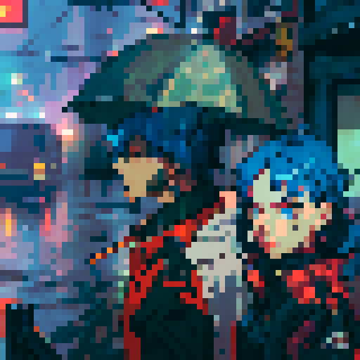 blue haired girl smoking cigarette, and man on the left holding a gun, night time rainy streets, grim