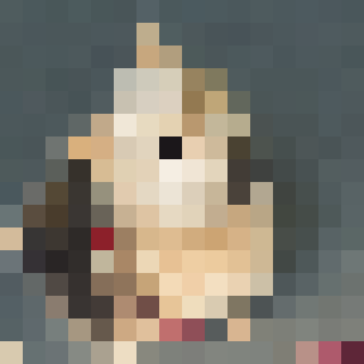 A 16х16 pixel portrait of a medium-sized dog with fluffy fur. The dog has a bright, shaggy golden coat with black patches on its back and ears. Its ears are medium length, slightly floppy, and the tail is bushy. The background should be white 