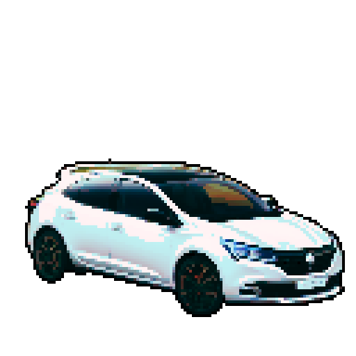 Photorealistic whole Renault Megane, centered, three-quarter view, right front wheel, clean background, sRGB colors, pixel art style