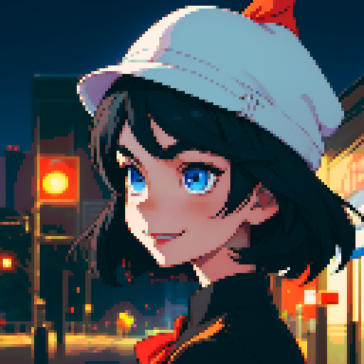 Night city street light background, profile picture, young girl, smile, rounded face, blue eyes, short black hair, white shirt, beige hat, red neck ribbon, facing directly