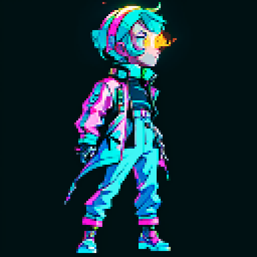 cyberpunk space trader sprite, pixel art, futuristic design, cybernetic arm with intricate detailing, glowing yellow-orange visor over the eyes, trench coat with glowing lines, blue and teal color palette with neon pink and yellow accents, distinct sci-fi aesthetic, confident posture, mid-step left first, left left bent and raised, arms extended, pixel art, sRGB