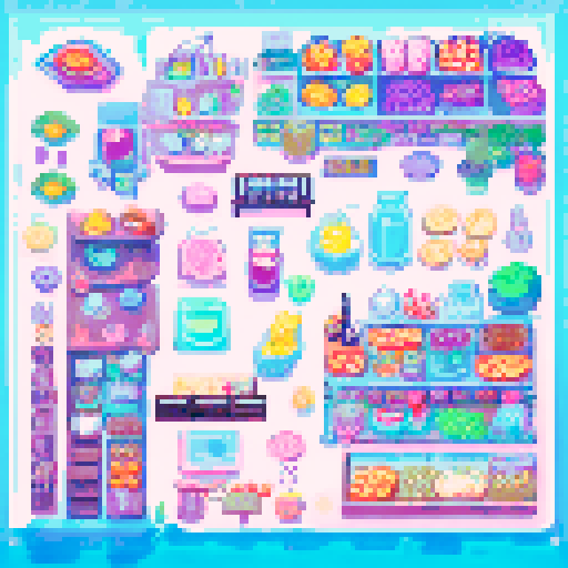 Convenience store checkout, colorful snacks, vibrant sodas, flickering neon lights, landscape portrait