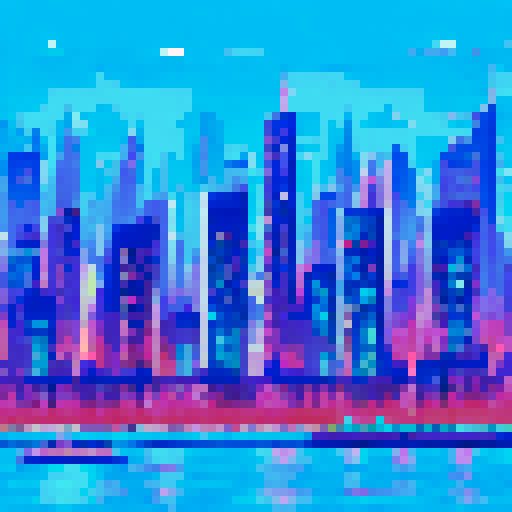Pixelated city skyline at dusk, towering skyscrapers with neon lights reflecting off the calm waters of a futuristic harbor, a vigilant hero standing atop a dilapidated building, surrounded by the remnants of a once-thriving metropolis