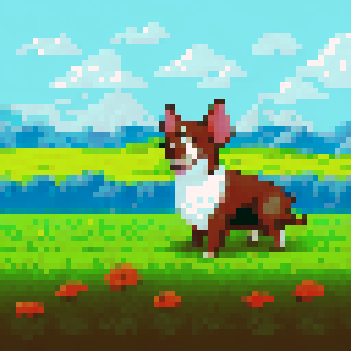 Brown, furry pup with floppy ears, tongue lolling out, chomping on a pile of steaming, putrid feces, amidst a vibrant, green meadow with rolling hills and a clear, blue sky in the background, all rendered in pixel art