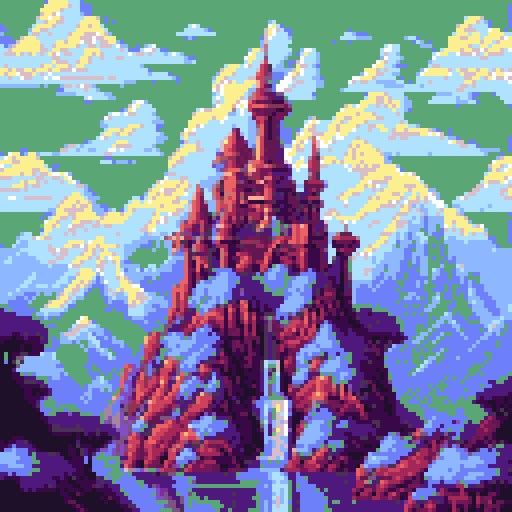 fantasy ship, pixel art, sRGB, background, vibrant colors, towering masts, billowing sails, mystical clouds, majestic mountains, cascading waterfalls, lush forests, blue skies