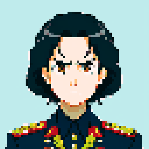 Minister of Defense, 55-years old, close-up, anime style, pixel art, serious expression, graying hair, piercing eyes, military uniform, confident stance, 