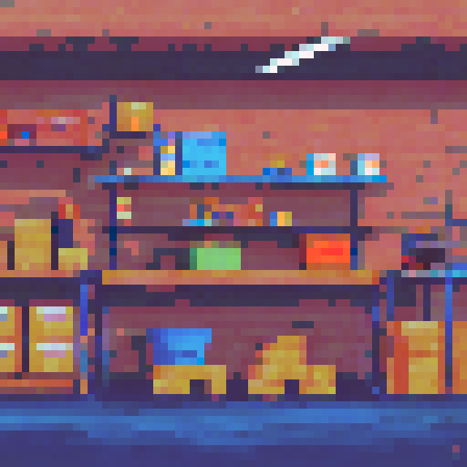 pixelated, colorful, stacks of cardboard boxes, neatly organized, towering shelves, faded retro signage, fluorescent lights, dust particles in the air, a forklift in the corner, conveyor belts, mechanical noises, crates filled with tools, vintage machinery, paint splatters on the floor, rusted metal beams