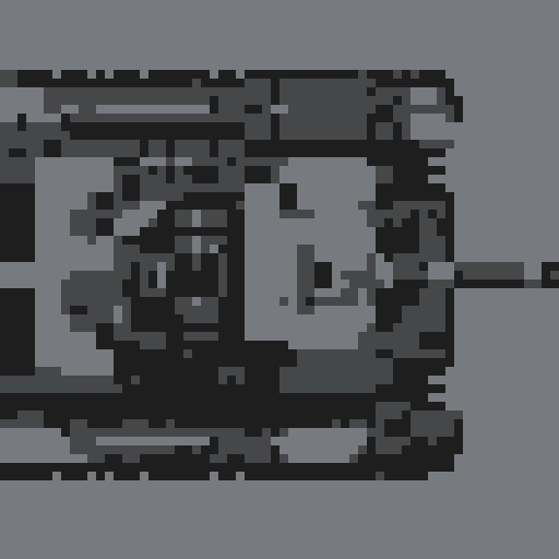 top-down tank, large turret, noticeable treads, camouflage color scheme with greens and grays, blocky retro design, detailed armor plating and barrel, pixel art, sRGB
