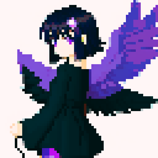 Purple Haired anime girl wearing black clothes with one angel wing 