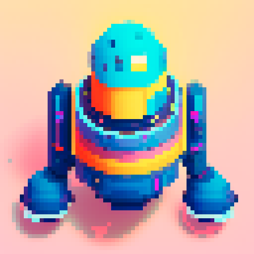 Space station, cute androgyne IA, vibrant colors, retro aesthetics, pixel art, glowing stars, sleek architecture, futuristic elements, adorable space suit, robotic companion, floating in zero gravity, cosmic background, playful expressions, small and delicate features, whimsical spacecrafts, lively energy