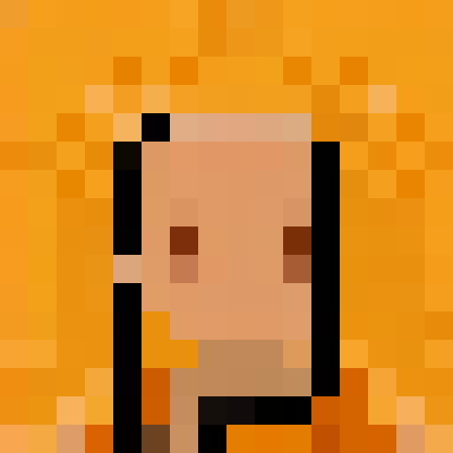 A pixel art portrait of a person with a neutral expression, featuring a minimalist design with light skin tone, brown eyes, and black hair. There are shiny spots on the forehead and cheek to indicate lighting, set against a solid orange background. The style is reminiscent of early video game characters, with a square aspect ratio.
