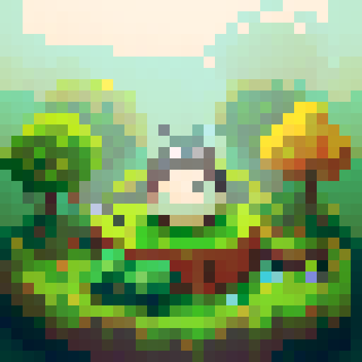 Totoro, surrounded by lush green trees, sitting on a moss-covered stone, with raindrops falling around, in vibrant pixel art style