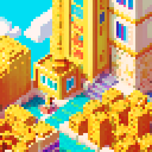 Imagine a vibrant, pixelated world known as Money Land, where the air is thick with the excitement of flying gold coins. This digital realm is filled with towering skyscrapers made of gleaming gold and silver, reflecting the bright, sunlit sky. Streets are lined with bustling marketplaces, where pixelated residents trade and barter using shimmering gold coins that seem to have a life of their own. In the sky above, gold coins of various sizes fly freely, leaving trails of glittering light in the