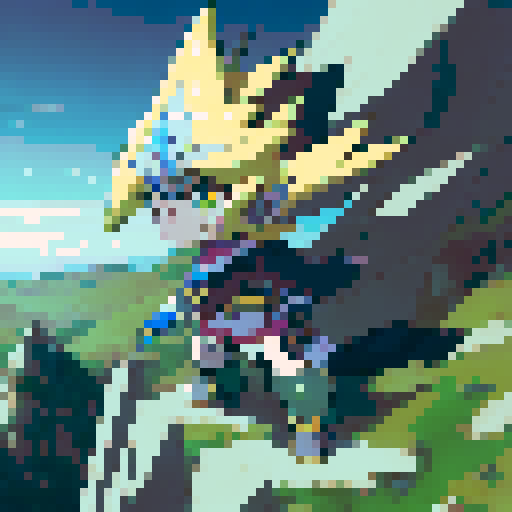 A fierce elf warrior with flowing white hair and piercing green eyes, wielding a sharpened silver sword, stands atop a rocky mountain peak overlooking a sprawling enchanted forest below, with a glowing crescent moon in the background