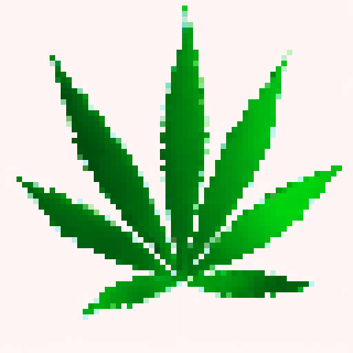 "Vibrant, retro, and digital: A pixelated cannabis leaf surrounded by neon lights and geometric shapes."