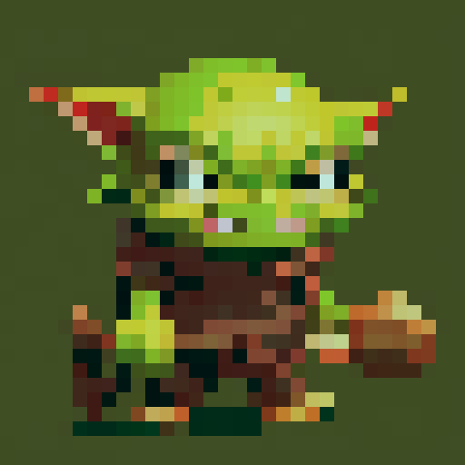 A small, green-skinned humanoid creature with pointy ears, sharp teeth, and a crude wooden club. It wears ragged clothes and has a mischievous expression on its face. The goblin has a lean, wiry build, with patches of dirt and scars covering its skin, indicating a rough and wild lifestyle. Its eyes are large and glowing with a cunning glint. No background.

