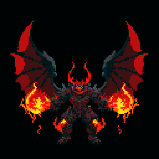 A fearsome, heavily armored demon with flames flickering around its body, massive wings, and glowing red eyes. It wields a fiery sword and has a menacing expression, ready to lead an army into battle. No background.
