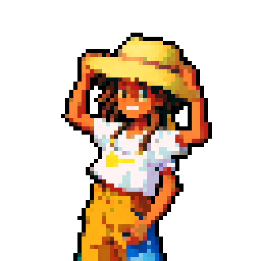 cute African American male farmer with dreads and a straw hat, pixel art, sRGB, vibrant colors, flourishing crops, cheerful sunflowers, bustling farm animals, rustic wooden fences, tranquil countryside, picturesque barn, bountiful harvest, idyllic farm life