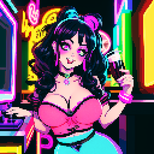 Curvy cute goth girl bartender, vibrant neon hair, dark smoky eyes, black lace choker, fishnet stockings, pouring colorful cocktails, retro arcade game machines, glowing pixel art characters, vibrant sRGB colors