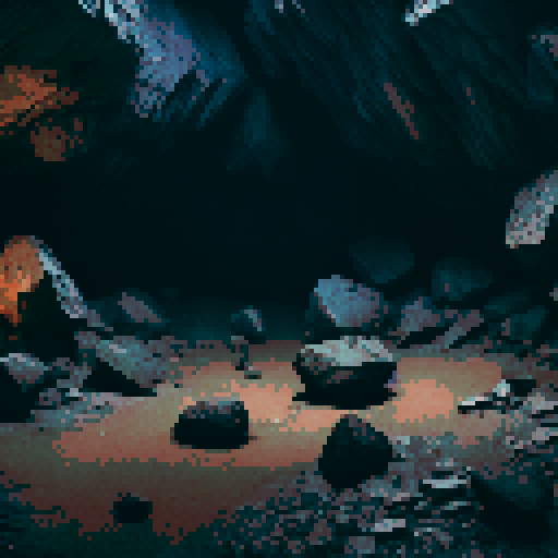 Create a realistic cave interior with jagged walls and a dusty floor covered in scattered rocks of various sizes. Include a warm light source on the left, softly illuminating part of the cave while casting shadows that contrast with the darker, mysterious areas. The atmosphere should feel secluded and slightly eerie, with earthy tones and detailed textures on the rocks and walls to enhance the natural, rugged appearance.