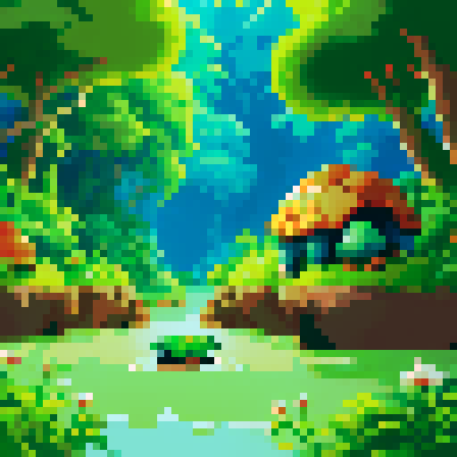 In a wooded clearing with lush green trees and a river, a terrible menace in the background threatens the turtles' peaceful life.