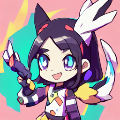 Bunny, big-eyed and kawaii, brandishing a sleek and shiny handgun, set against a vibrant, color-saturated anime background.
