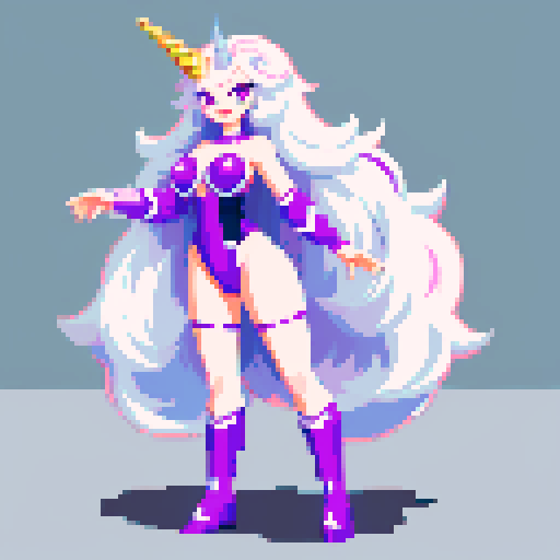 unicorn woman hybrid with cloven hooves, furry, playful expression, clear detail, pixel art style, full body character