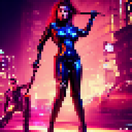 A neon-lit cityscape provides the backdrop for a curvaceous, tattooed woman in a latex bodysuit, wielding a whip and surrounded by a group of submissive, leather-clad men, all rendered in a hyper-realistic, airbrushed style.