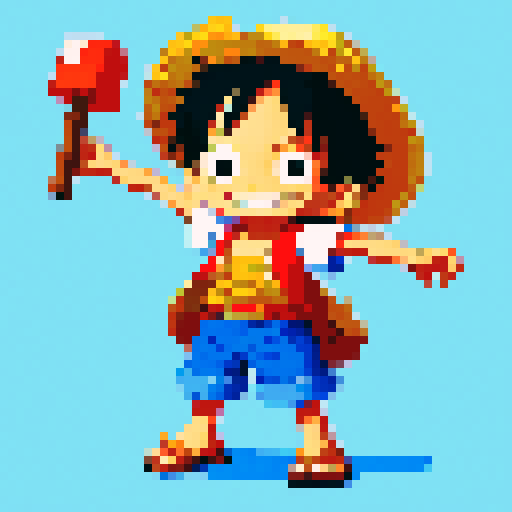 Luffy as a child, pirate hat, straw sandals, wide smile, blue vest, red shorts, pixel art, sRGB