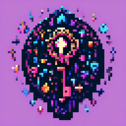 magical key, glowing with vibrant colors, surrounded by mystical symbols, rendered in intricate pixel art, against a background of dark sRGB hues