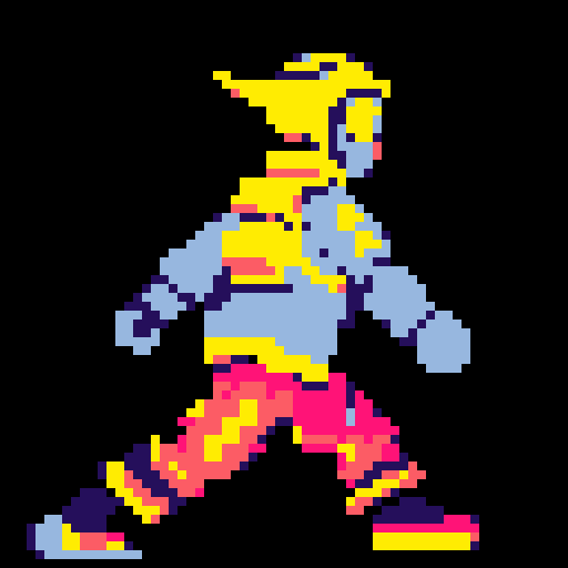 cyberpunk space trader sprite, pixel art, futuristic design, cybernetic arm with intricate detailing, glowing yellow-orange visor over the eyes, trench coat with glowing lines, white, blue and teal color palette with neon pink accent, yellow visor tint, distinct sci-fi aesthetic, confident posture, mid-step left first, left left bent and raised, arms extended, pixel art, sRGB