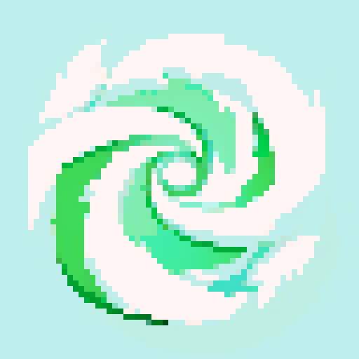 Minimalistic, clean icon of wind magic with swirls of light green and white, visually appealing and recognizable, featuring gusts of wind and feathers, created in pixel art style using sRGB colors