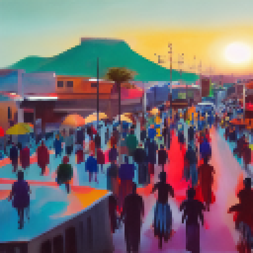 Vibrant sunset over bustling Lagos cityscape, with traditional Yoruba dancers performing in the foreground, rendered in a dynamic landscape portrait.
