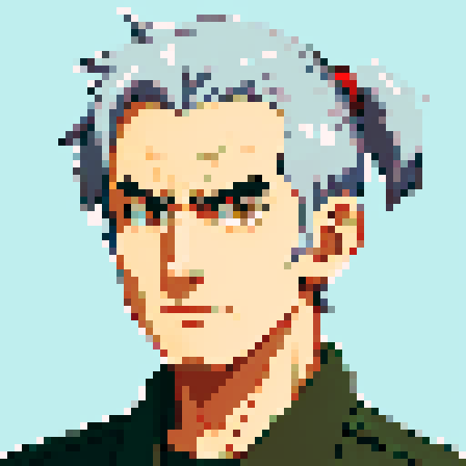 Tank driver, anime style, male, grey hair, short ponytail, pixel art, sRGB