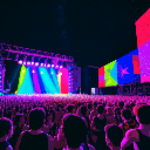 let's image you're on the rock festival within a lot of people, some of them dancing other of them raving, talking, drinking, etc. also it's happening at the night with a lot of colour lights and with a lot of stars on the sky 