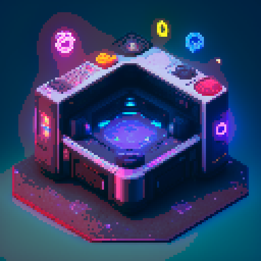 futuristic 4 tier lootbox, glowing buttons, silver box center, intricate details, pixel art style, sRGB