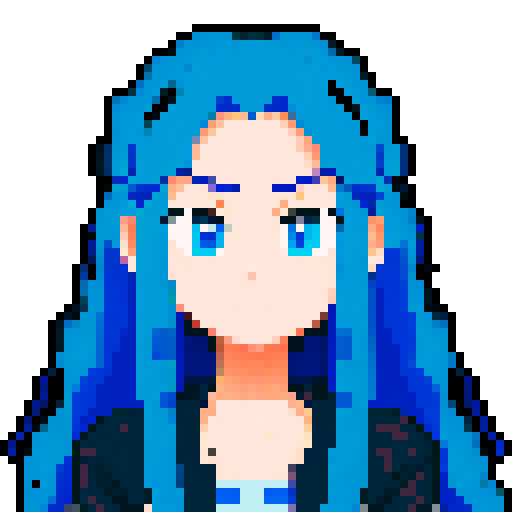 Design a pixel art anime avatar, showcasing the iconic anime style with large expressive eyes, elaborately styled hair, and vibrant colors. The character should be in a classic anime pose, exuding personality and emotion typical of anime characters, like excitement, determination, or serenity. Focus on creating a highly pixelated aesthetic, reminiscent of 16-bit video game graphics, where each pixel is clearly visible and contributes to the overall form and expression of the avatar. The color pa