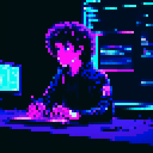 brunette curly boy developer, coding on screen, neon lights glowing, cyberpunk colors, pixel art, sRGB