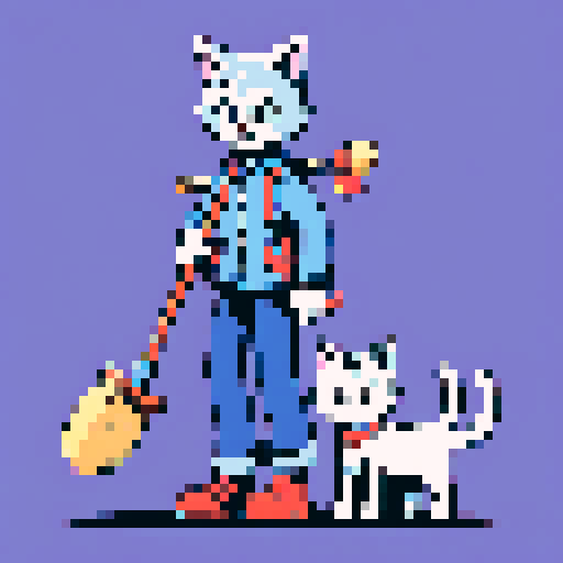 A cat and a dog, both holding a broomstick