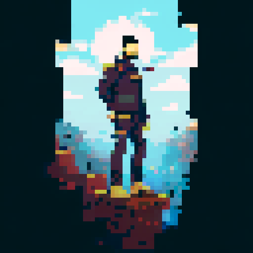 Hispanic man, heroic pose, confident expression, full body, pixel art, sRGB, solid color background