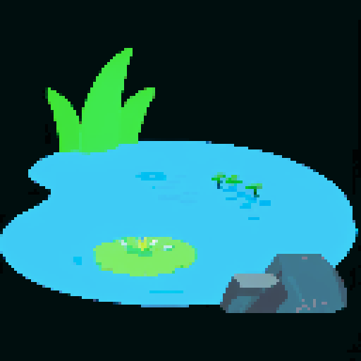 A trout relaxing in the pond, pixel art, vibrant colors, shimmering water, serene atmosphere, lily pads, gentle ripples, sunlight filtering through trees, moss-covered rocks