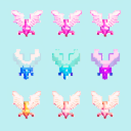 Terraria wings, pixelated gold eagle feathers, gradient shading, sRGB palette, pixel art, fron pale pink to white to cyan