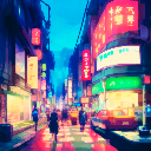 Tokyo street, moonlit scene, neon lights, bustling crowd, vibrant colors, urban landscape, portrait style