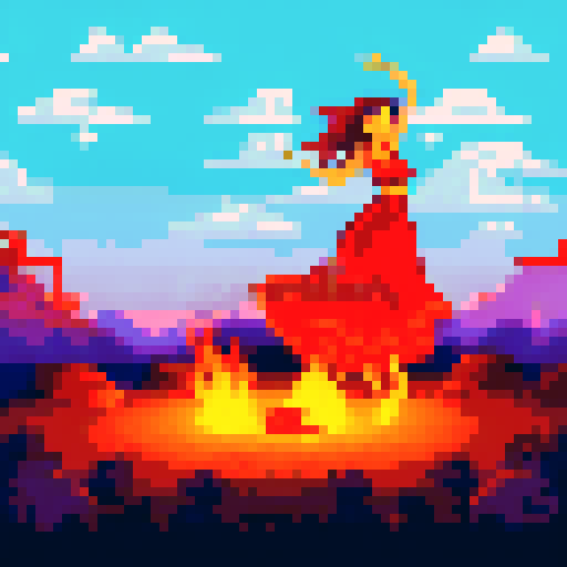 Andalusian gypsy girl, Candela, swirling in a pixel art flamenco dress as she dances the Ritual Fire Dance, surrounded by a vibrant sRGB campfire, with her ghost husband hovering over the campfire