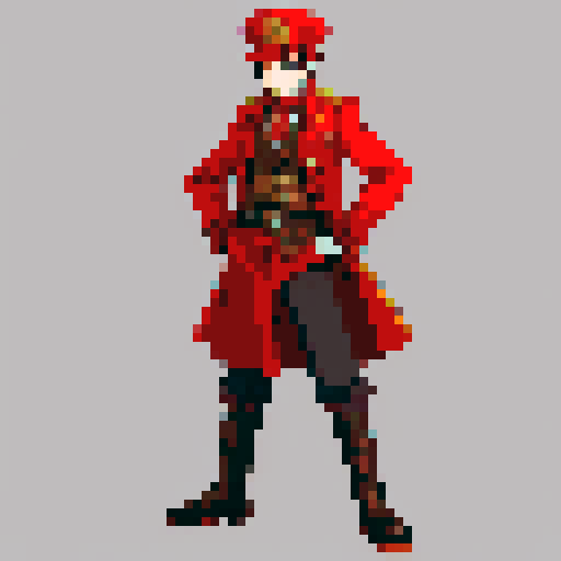 steampunk young man, red coat, red hat, 2D game stance, pixel art, sRGB