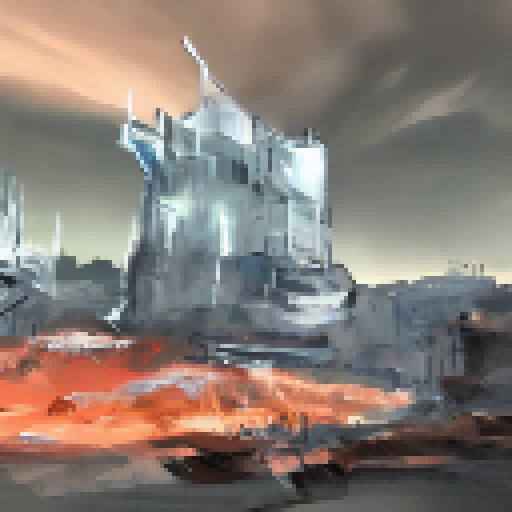 Metallic towers rise from the futuristic desert facility against a blue-black and grey HD landscape, casting long shadows on the sand, with solar panels gleaming in the sun to create a stunning landscape portrait.