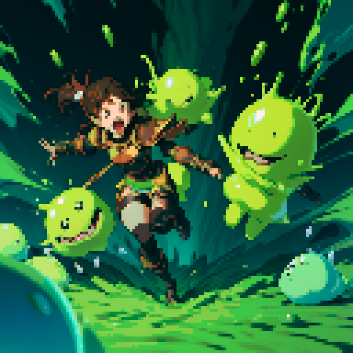 slime surging up around someone, slime engulfing a hero, slime consuming a hero, hero getting engulfed by slime, slime attack, dynamic, slime slamming into someone, impact, splashing slime, full-body image, full-body art, metal armor, brown hair